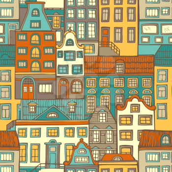 Various hand-drawn houses. Bright city background.