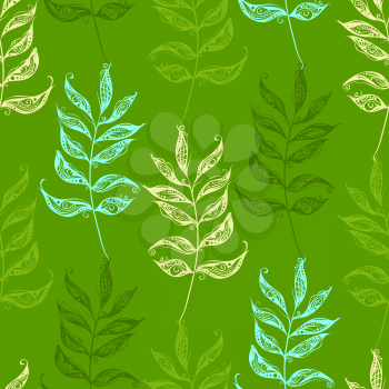 Vector pattern of ornate leaves on green background.