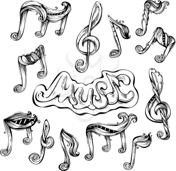 Black hand-drawn music symbols isolated on white background.