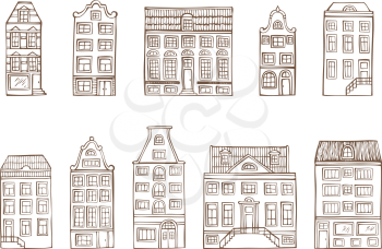 Ten hand-drawn houses isolated on white background in sepia. 