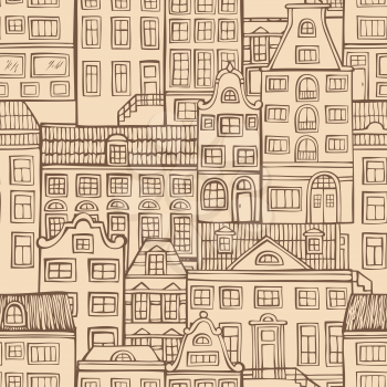 Hand-drawn sketch houses. City background.