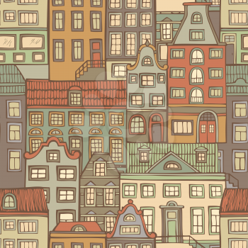 Various hand-drawn houses. City background.