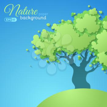 Green vector tree on blue paper background. There is place for text.