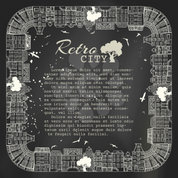 Hand-drawn houses on blackboard background. There is place for text in the center.