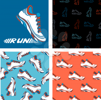 Set of seamless sport patterns and running shoe symbol.