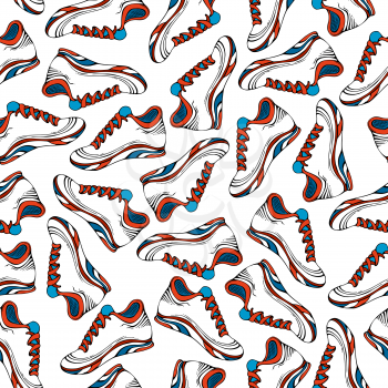 Sport white shoes on white backgrounds. Vector boundless pattern.