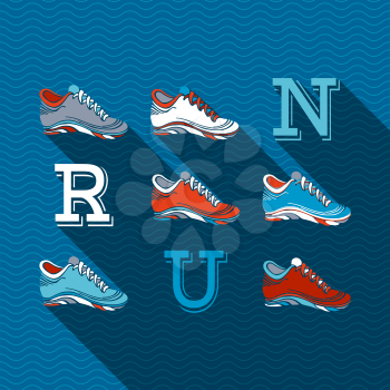 Flat sport design with long shadow. Running shoes and text RUN.