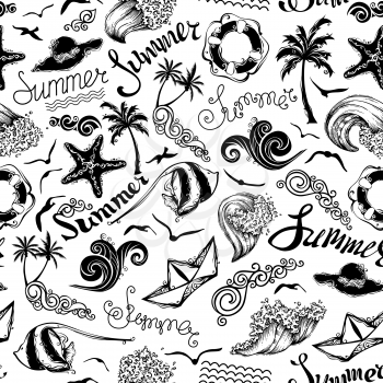 Set of summer and vacation symbols and hand-written summer lettering on white background. Boundless texture can be used for web page backgrounds, wallpapers, wrapping papers or invitations.