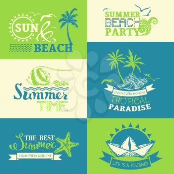 Vacation emblems, symbols, badges and logo templates on bright background. Summer Time / The Best Summer / Life is a Journey / Summer Beach Party / Sun and Beach.