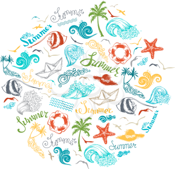 Travel and vacation symbols on white background. There is place for text in the center.