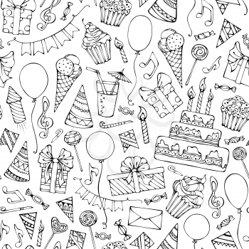 Doodles birthday objects on white background. Boundless texture can be used for web page backgrounds, wallpapers, wrapping papers or birthday invitations.