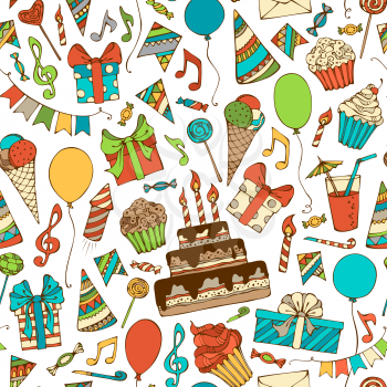 Hand-drawn gift boxes, garlands and balloons, music notes, party blowouts, cakes and candies, birthday pie, party hats on white background. Vector seamless pattern.