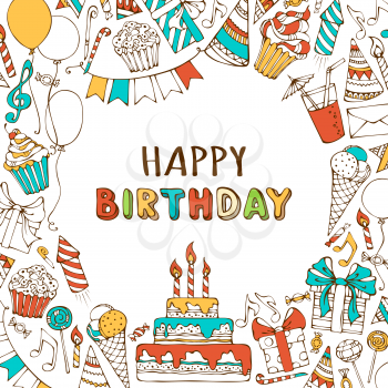 Hand-drawn Birthday sweets, party blowouts, party hats, gift boxes and bows, garlands and balloons, music notes and firework, candles on birthday pie.