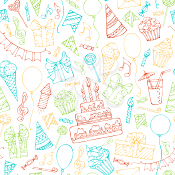 Colourful doodles gift boxes, garlands and balloons, music notes, party blowouts, cakes and candies, birthday pie, party hats on white background. Can be used for web page backgrounds, wallpapers, wra