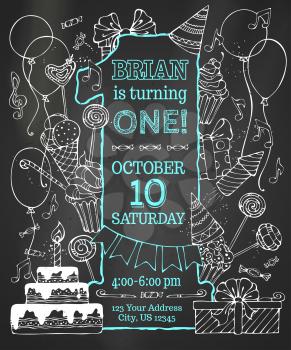 Hand-drawn chalk party blowouts and hats, sweets, garlands and balloons, gift boxes and bows, music notes and firework, birthday pie on blackboard background.