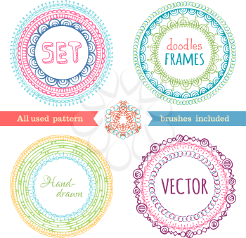 Various doodles circle frames isolated on white background. There is place for text in the center of frame.