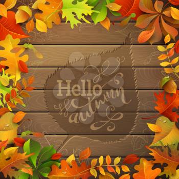 Bright colourful autumn leaves on wood background. Hand-written text in the center.