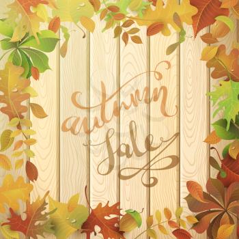 Colourful autumn leaves on light wood background. Hand-written text in the center.