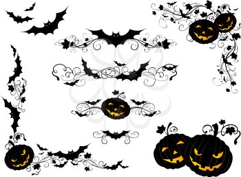 Ornate design elements with bats and jack-o-lanterns isolated on white background.