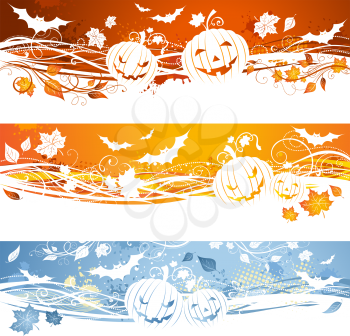 Grunge Halloween horizontal backgrounds with autumn leaves, bats and jack-o-lanterns.