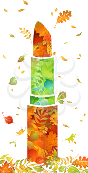 Lipstick consists of green and orange and red autumn leaves isolated on white background.
