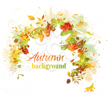 Bright autumn illustration. White leaf silhouette in the center can be used for your text.