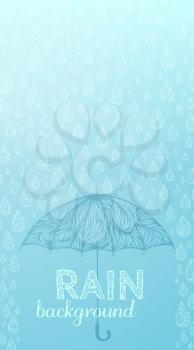 Blue wet background. Ornate rainy drops and umbrella. There is place for your text on background.