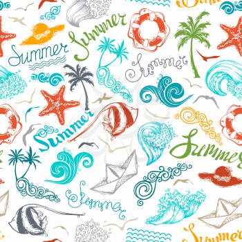 Set of summer and travel symbols and hand-written summer lettering on white background. Boundless texture can be used for web page backgrounds, wallpapers, wrapping papers or invitations.