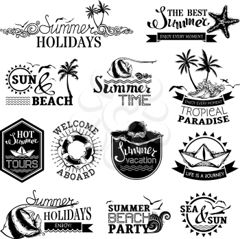 Labels, emblems, symbols, badges and logo templates. Summer Holidays / Summer Time / The Best Summer / Hot Summer Tours / Welcome Aboard / Summer Vacation / Life is a Journey / Summer Beach Party.