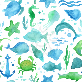 Various watercolour fish, sea horse, jellyfish, dolphin, turtle, starfish, crab, whale, shell, algae, anchor, waves on white background. Boundless pattern can be used for web page backgrounds, wallpap