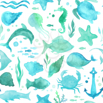 Various watercolour fish, starfish, crab, whale, shell, sea horse, jellyfish, dolphin, turtle, algae, anchor, waves on white background. Boundless pattern can be used for web page backgrounds, wallpap