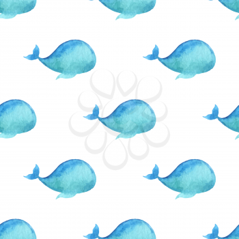 Blue watercolour whales on white background. Boundless pattern can be used for web page backgrounds, wallpapers, wrapping papers, invitation and summer designs.