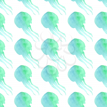 Blue watercolour jellyfishes on white background. Boundless background for your design.