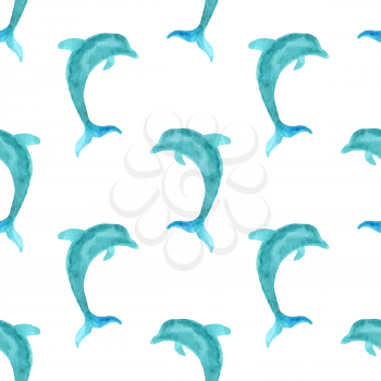 Blue watercolour dolphins on white background. Boundless background for your design. Boundless pattern can be used for web page backgrounds, wallpapers, wrapping papers, invitation and summer designs.