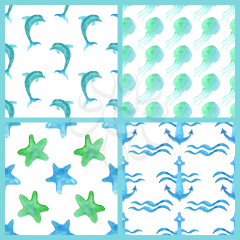 Blue watercolor dolphin, jellyfish, starfish, anchor and waves on white background. Boundless pattern can be used for web page backgrounds, wallpapers, wrapping papers, invitation and summer designs.