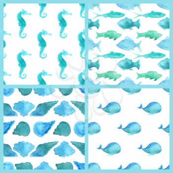 Blue watercolor various fishes, whales, shells, sea horses on white background. Seamless pattern can be used for web page backgrounds, wallpapers, wrapping papers, invitation and summer designs.