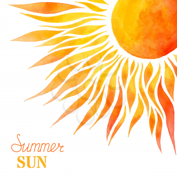 Bright hand-painted sun in right corner on white background. There is place for your text.