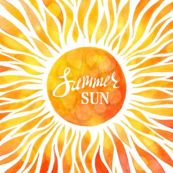 Watercolor sun on white background. Summer rays and glare. There is place for text in the center of sun.