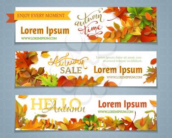 Three templates for your design. Various bright fall leaves and hand-lettering. There are places for your text on white area. 