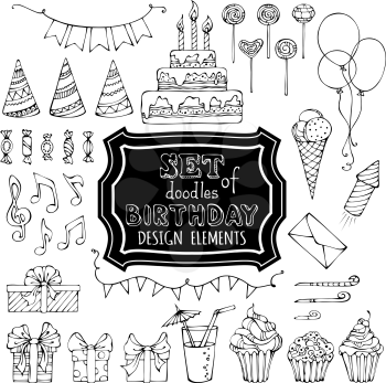 Hand-drawn garlands and balloons, music notes, gift boxes, party blowouts, cakes and candies, birthday pie, party hats and other doodles design elements isolated on white background.