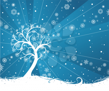 Snow tree on blue winter background. There is place for your text.