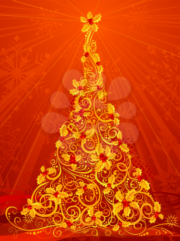 Red Christmas background with ornate Christmas tree of holly berries. 