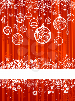 Grunge red background with Christmas balls and snowflakes. There is place for your text on white stripe.