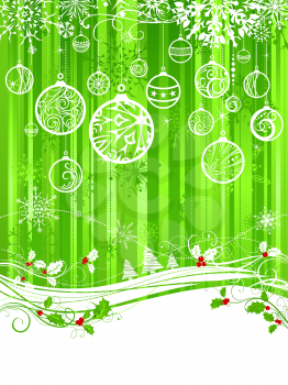 Green Christmas background with holly berries, Christmas balls and snowflakes. There is copy space for your text on white area.