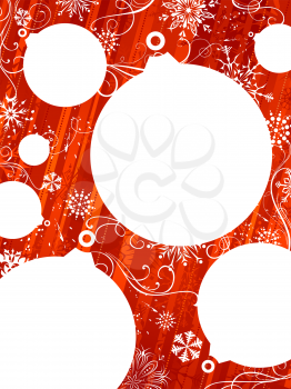 White and red background with Christmas balls and snowflakes.
