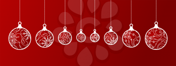 Various vintage Christmas decorations on red background.