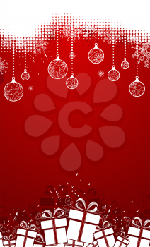 Red banner with Christmas balls, gifts and snowflakes on red background. There is copy space for your text.