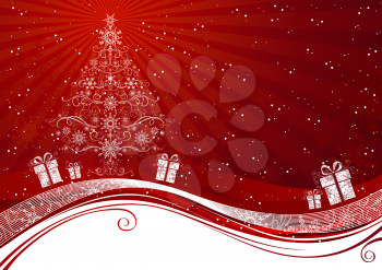 Christmas background with Christmas tree, gifts and snowflakes. There is copy space for your text.