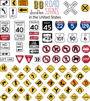 Hand-drawn traffic sign icons isolated on white background.