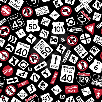 Vector hand-drawn road signs background. Black, white and red colours. Boundless texture can be used for web page backgrounds, wallpapers, wrapping papers.